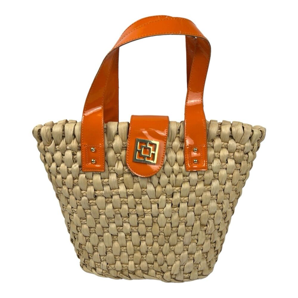 Trina Turk Handbag Bag  Straw Woven Pattern Orange Handles Bottom 11" Top 16"